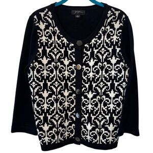 Josephine‎ Cardigan Black White Geometric Pattern Button 100% cotton Women L